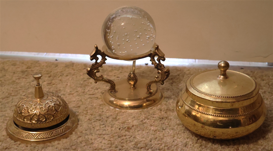 Fancy Brass Counter Bell, Crystal Ball in Brass Dragon Holder, and Small Brass Lidded Jar