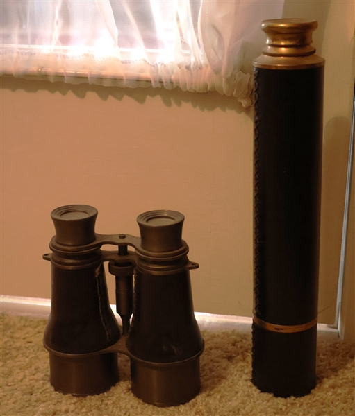 Leather Wrapped Brass Telescope and Pair of Brass and Leather Binoculars 
