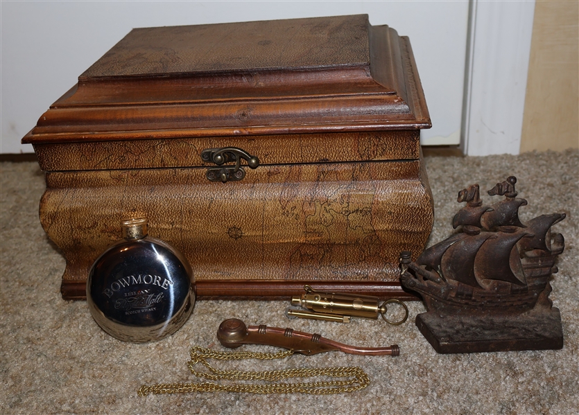 Decorative Wood Box with Map Décor and Contents including Brass Pipe, Ship Bookend, Brass Lighter, and Scotch Whiskey Flask 
