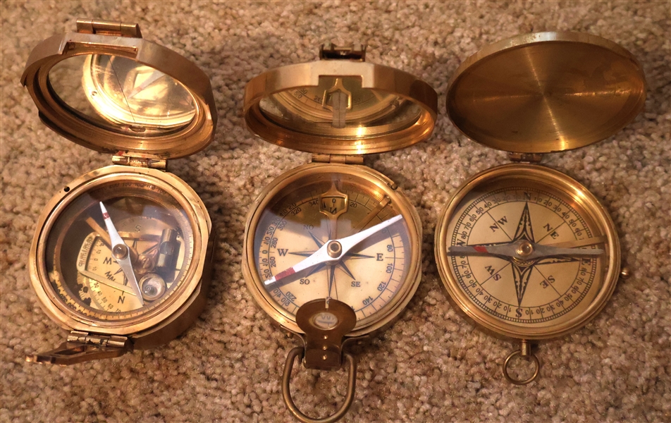 3 Brass Compasses including Natural Sine - Stanley London, 