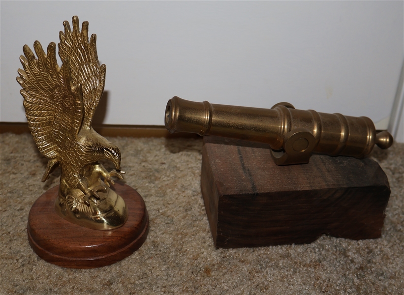Brass Eagle Statue on Wood Base and Brass Cannon Replica - Eagle Measures 7 1/2" Tall 