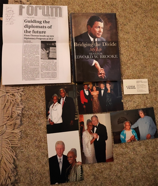 "Bridging the Divide- My Life" by Senator Edward W. Brooke - Hardcover Book Personally Given by Ambassador Harriet L. Elam-Thomas - with Notes and Photographs including Photo with Bill Clinton 