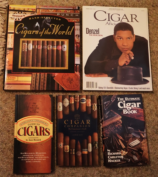 5 Books About Cigars including "The Art of Selecting and Smoking Cigars" "The Cigar Companion" "Cigar Aficionado" with Denzel Washington on Cover, and Hand Selected Cigars of the World" 