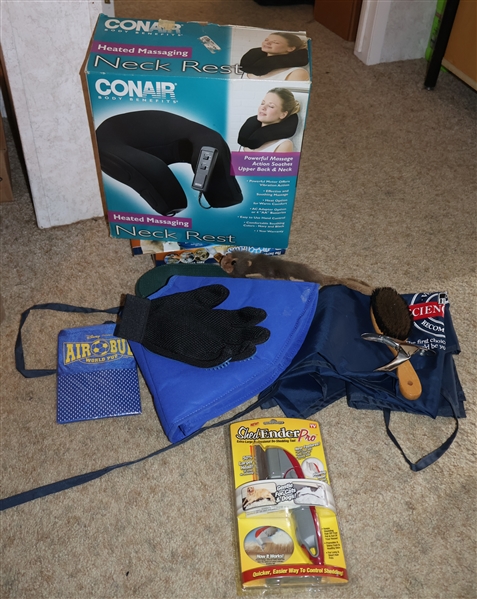 Lot of Dog Supplies, Toys, Trimmers, and Conair Neck Massager