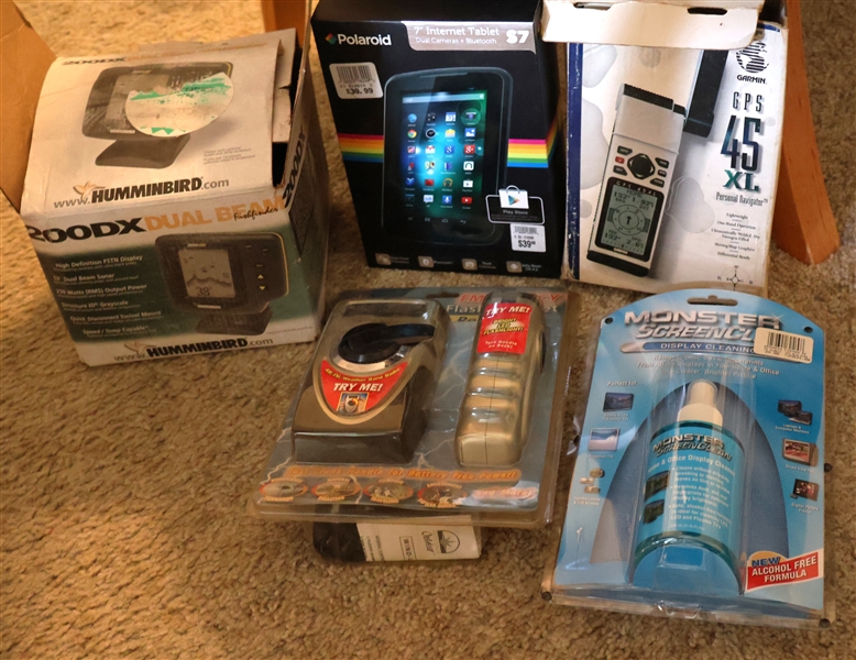 New Items including Monster Screen Cleaner, Radio Flashlight, Hummingbird 200 DX Fish Finder, Tablet, and GPS 