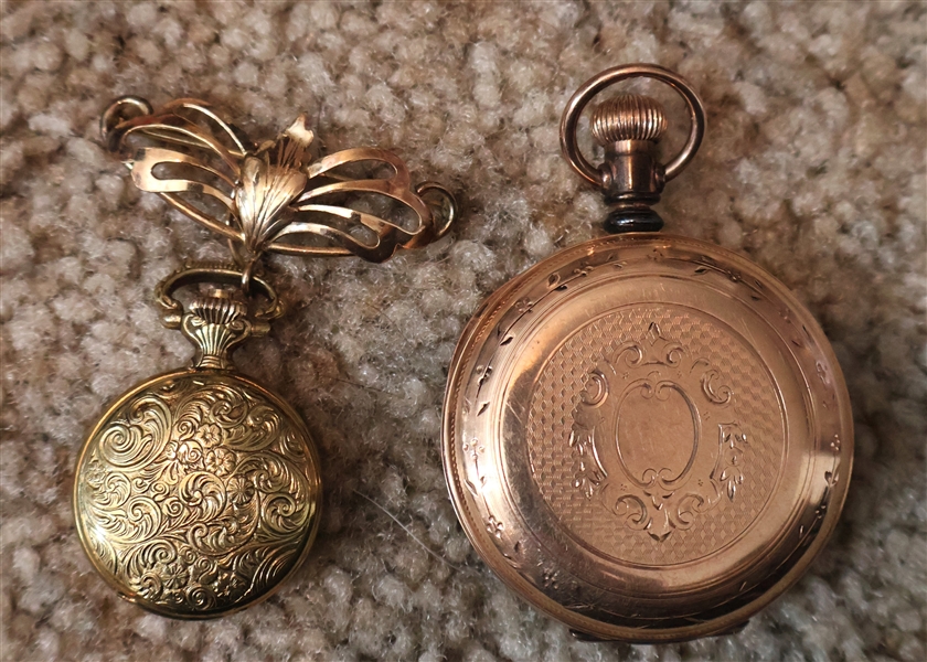 A.W. Co Waltham Hunter Case Pocket Watch with Second Sub Dial - Engraved Case and Le Courier 17 Jewels Ladies Button Watch with Pin - Base Metal Case
