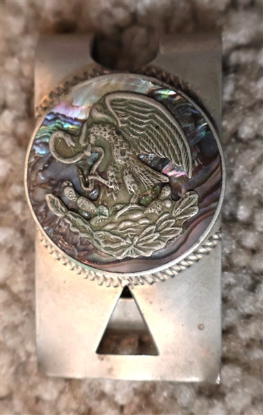 Taxco Mexico Sterling Silver and Abalone Money Clip With Eagle and Leaves - Measures 1" by 2"