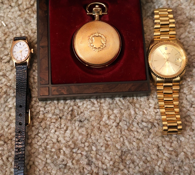 3 Watches including Arnex 17 Jewel Pocket Watch in Original Box, Gruen Diamond Wrist Watch with Diamond in Dial, and Ladies Timex