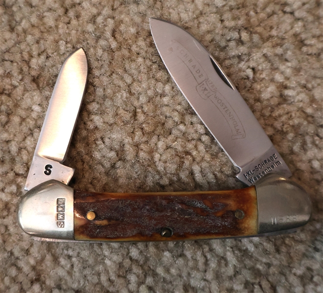 Schrade Wostenholm 2 Blade Pocket Knife - Stag Grips, Hallmarked - Measures 3 3/4" Long