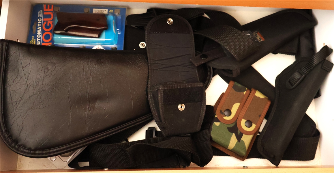 Drawer Lot of Holsters, Magazine Pouches, 2 Colt .45 Clips, and Grips, 