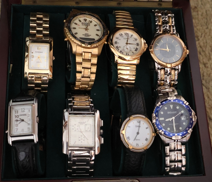 8 Wristwatches in Wood Box Brands include Guess, Foster Grant, Elgin, and Esprit