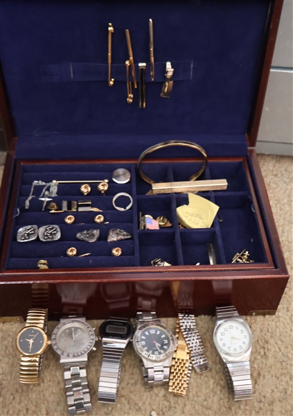 Jewelry Box of Mens Costume Jewelry and Watches including Cuff Links, Tie Clips, Tie Tacks, Armatron Watch, and Others