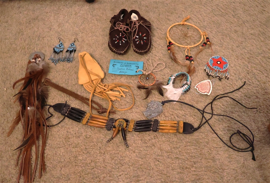 Lot of Native American Items including Jewelry, Beaded Shoes, Dream Catcher, Pewter Bear, Leather Pouch, Beaded Earrings, and Feathers
