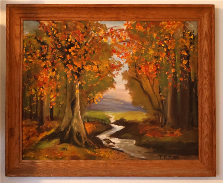 Oil on Board Painting of Fall Stream Scene - Signed TRPIII - Framed - Frame Measures 19" by 23" 