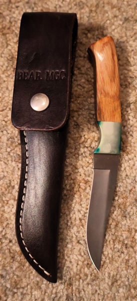 Bear MGC USA - Fixed Blade Knife with Leather Sheath - Wood Handle  - Needs Cleaning - Not Damaged - Measures 8" Long