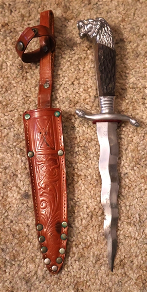 G.C. Co. Solingen Germany Dagger with Lions Head Handle - Wavy Blade - In Leather Sheath with Tooled Flowers and Scrolls - Knife Measures 10 1/4" Long