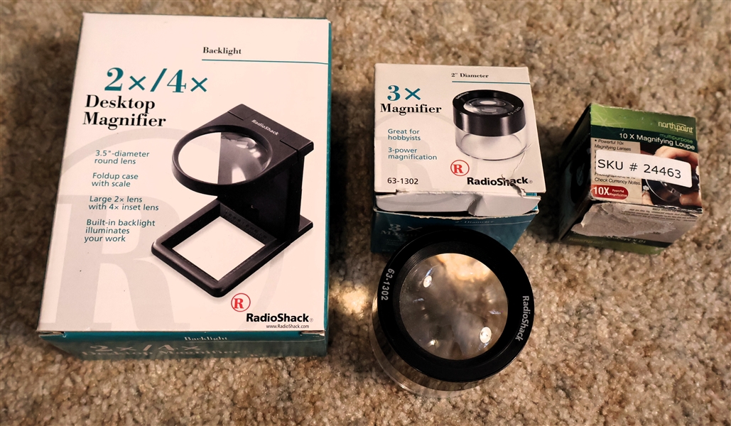 3 New Magnifying Glasses - Radio Shack 3x Magnifier, North Point 10x Magnifying Loupe, and 2x/4x Desktop Magnifier