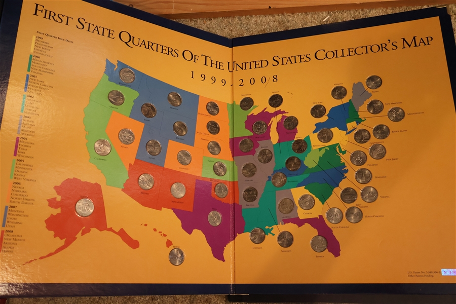 First State Quarters of The United States Collectors Map -  1999 - 2008 - Map is Full - With COA