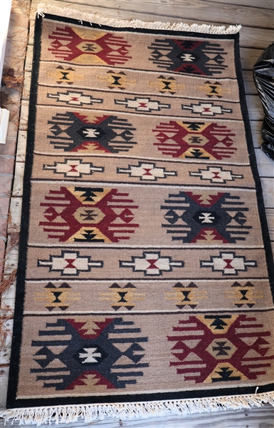 Handmade Tribal Rug  -Black and Tan with Aztec Pattern - Measures 60" by 36" 