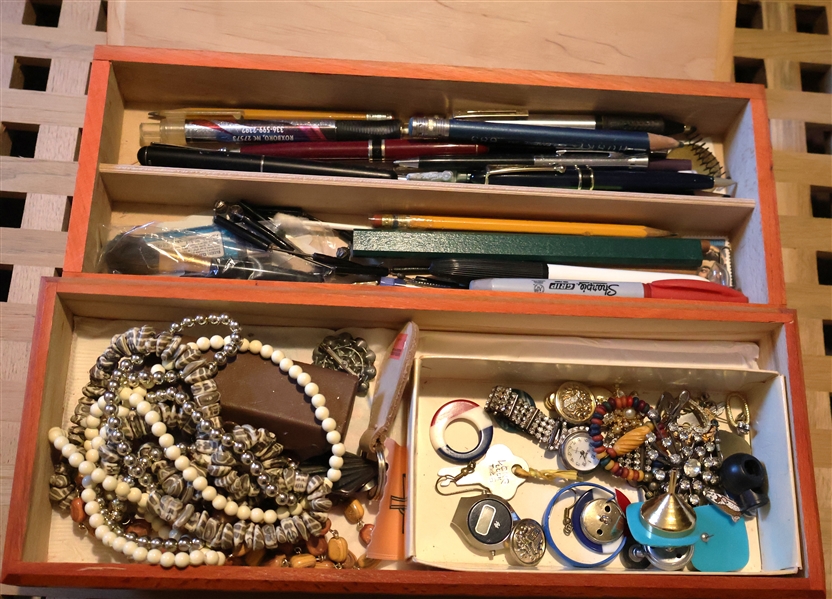 Stacking Jewelry Box with Costume Jewelry, Barber "V" Nickel, and Pens - Box Measures 5" tall 13 1/2" by 5" 