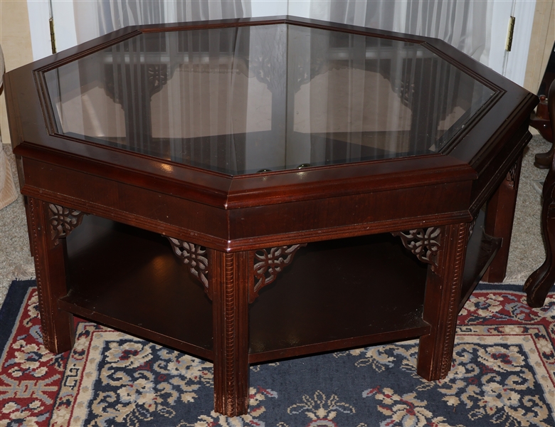 Asian Mahogany Octagonal Coffee Table with Beveled Glass Top - Measures 16" Tall 38" Across