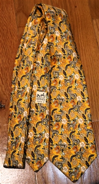 Hermes Paris - Silk Necktie - Yellow Background with Antelopes and Flowers - 7470 HA