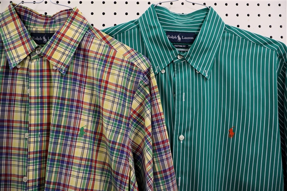 2 - Ralph Lauren Custom Fit Button Down Shirts -Yellow Plaid and Green Stripe - Both Size Large