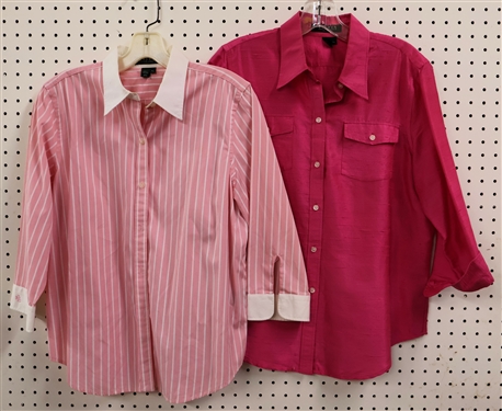 2 - Lauren Ralph Lauren Pink Button Down Shirts - Both Petit Large - Pink Striped Has Some Minor Staining on Collar 