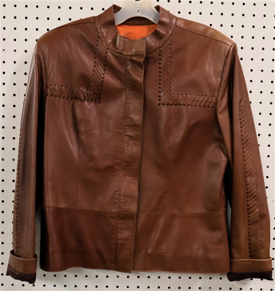 Zini Signature Soft Leather Jacket - Tan in Color with Beautiful Orange Liner - Size L