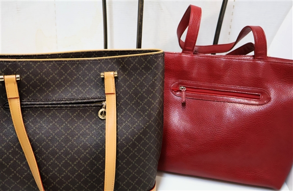 2 -La Tour Eiffel Handbags / Purses - Red Leather and Brown and Tan Signature Print -  Minimal Signs of Use