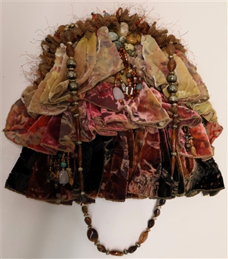 Mary Frances Velvet Ruffle Purse with Beaded Strap and Trim - Measures 9 tall 9 Across -  Minimal Signs of Use