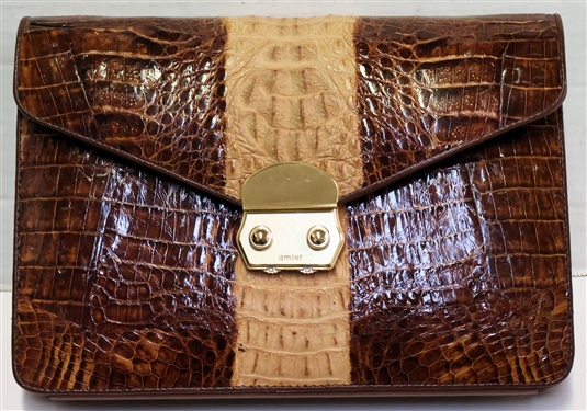 Amiet Genuine Crocodile Handbag / Purse - Two Tone - With Locking Clasp - Hidden Wrist Strap - Drop Front with Card and ID Holder - Measures 7 tall 10 1/2 Across -  Minimal Signs of Use