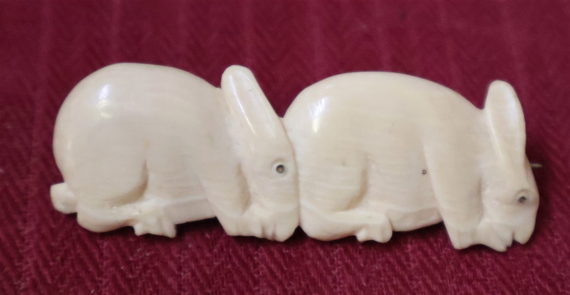 Bone or Ivory Hand Carved Rabbit Pin - 2 Rabbits - Measuring 2" by 1" 