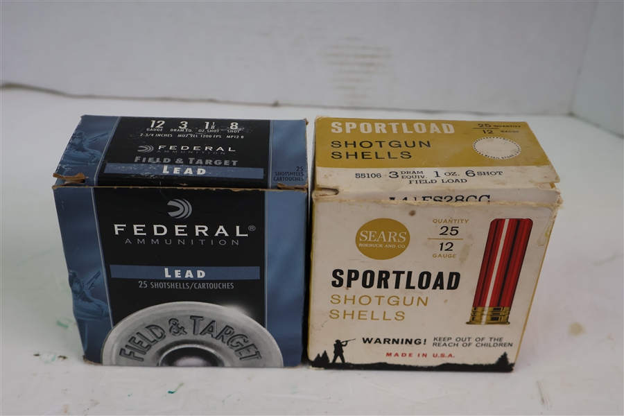 2 Boxes of 12 Gauge Shells - Federal 12 Gauge 2 3/4" - 1 1/8 Oz and Sears Sportload 12 Gauge 1oz. 