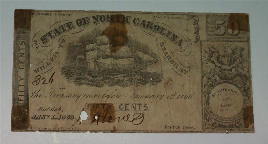 The State of North Carolina 50 Cent Note - Raleigh Jan. 1, 1863 - Number 326