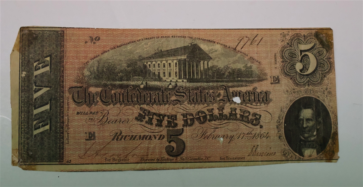 The Confederate States of America - Five Dollar Note - Richmond Virginia - "E"- February 17th, 1864 - Number 9761