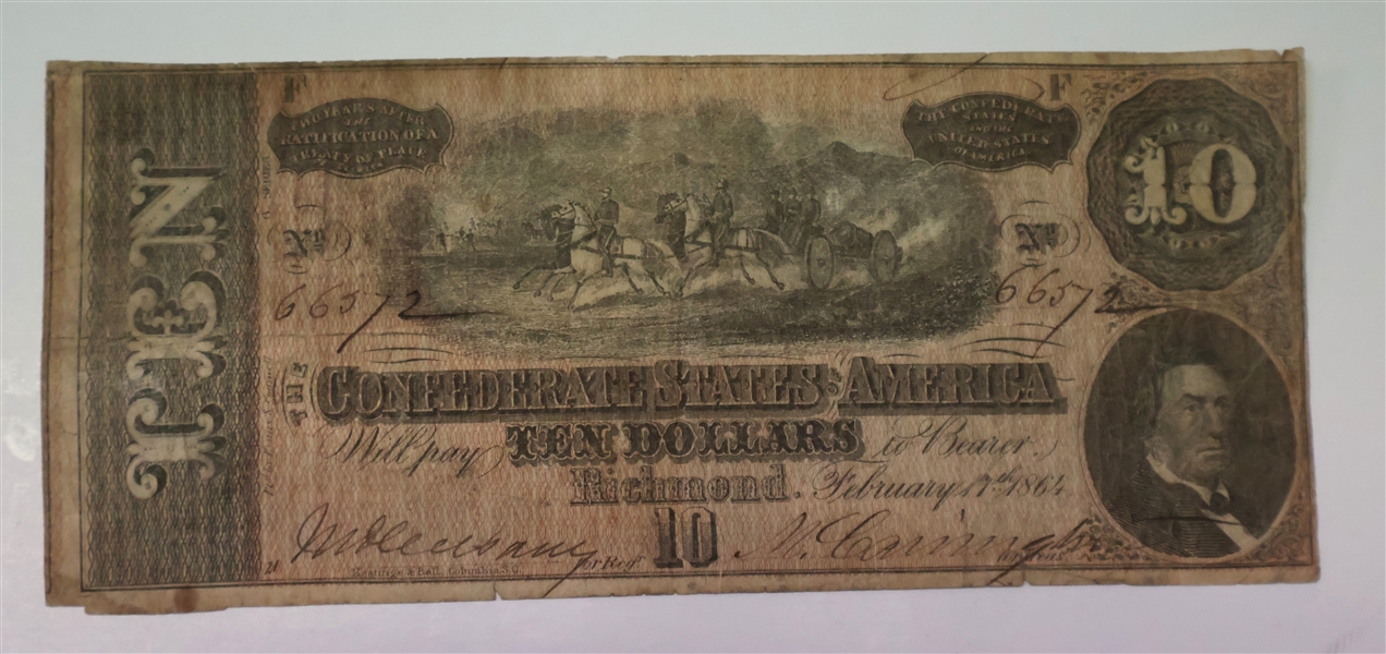 The Confederate States of America Ten Dollar Note - Richmond - February 17, 1864 - "F" - No. 66572