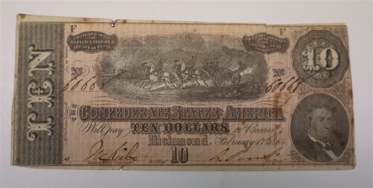 The Confederate States of America Ten Dollar Note - Richmond - February 17, 1864 - "F" - No. 60668