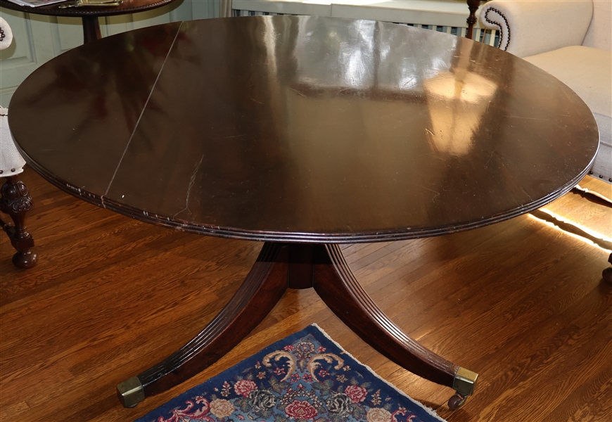 Round Mahogany Duncan Phyfe Tilt Top Table - Brass Tipped Feet - Reeded Legs and Pedestal - Measures 29 1/2" by 45" 