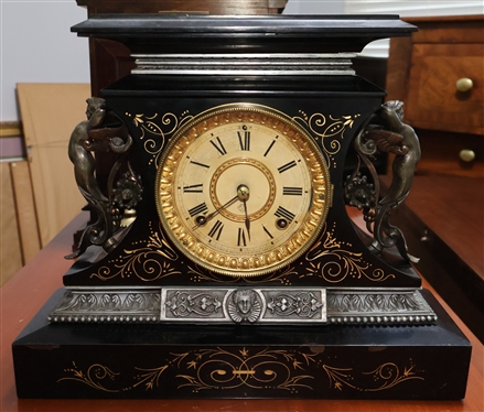 Beautiful Ansonia Black Iron Mantle Clock with Cherub Handles -Fancy Ormolu on Case -  Running - With Key - Measures 12 1/2 Tall 15 by 5 