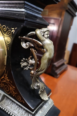 Beautiful Ansonia Black Iron Mantle Clock with Cherub Handles -Fancy Ormolu on Case -  Running - With Key - Measures 12 1/2 Tall 15 by 5 