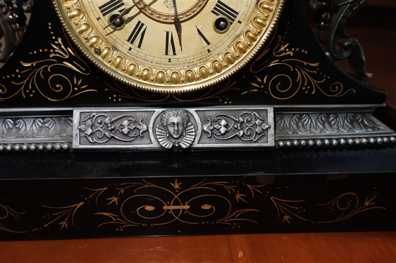 Beautiful Ansonia Black Iron Mantle Clock with Cherub Handles -Fancy Ormolu on Case -  Running - With Key - Measures 12 1/2 Tall 15 by 5 