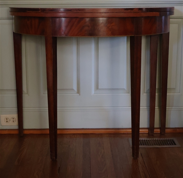 Beautiful Flame Mahogany Demilune Game Table with Tapered Legs - Flame Mahogany Apron with String Inlay 