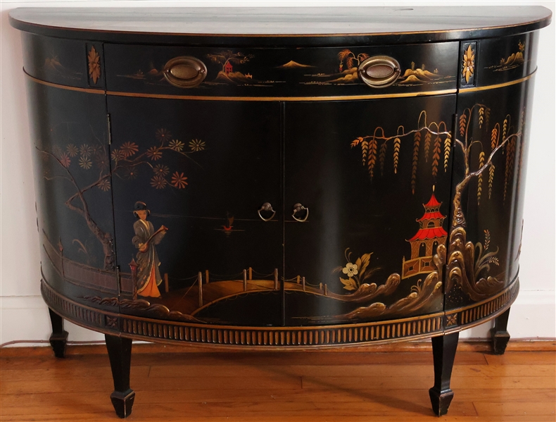 Black Lacquer Chinoiserie Credenza Cabinet - Measures 32" Tall 44" by 17"