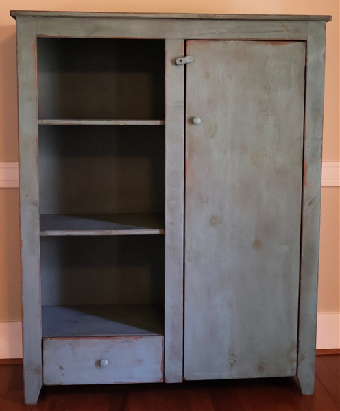 Country Primitive Style Wardrobe Cabinet - Blue Painted Pine - Fixed Shelves in Both Sides - Measures 60" Tall 48" by 18"