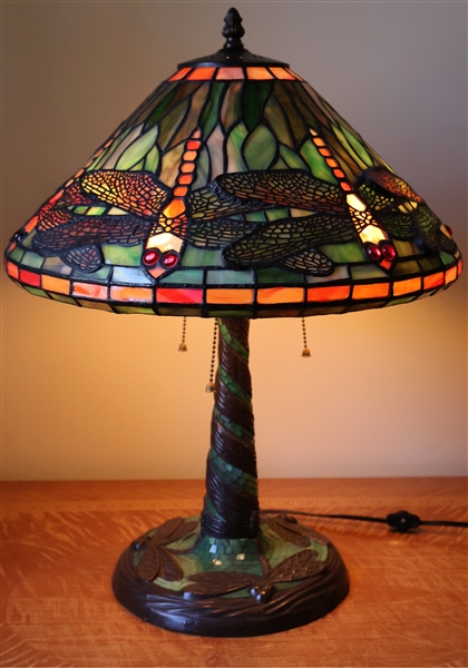 Beautiful Dragonfly Leaded Glass Table Lamp - Bronze Base with Dragonflies and Green Mosaic Glass  - Measures 21" Tall 