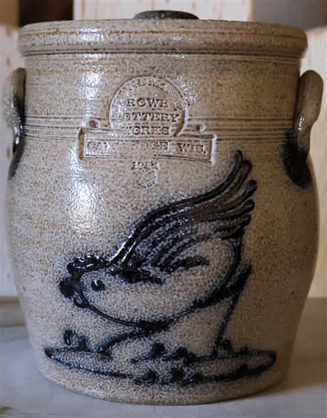 Rowe Pottery Works Crock with Lid - Blue Decorated Bird - Measures 6" tall 6" Across