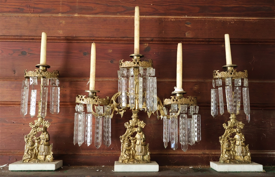 Beautiful 3 Piece Girandole Set - Brass with Marble Bases - Floral Crystals - Center 3 Light Measures 15" by 17"- Single Lights Measure - 14" - 6 Missing Crystals 