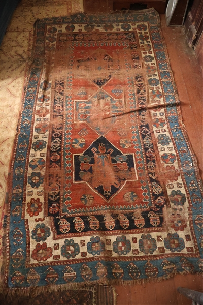 Handwoven Oriental Carpet - Red, Blue, and White - Measures 90" by 45" - Overall Wear - Needs Cleaning