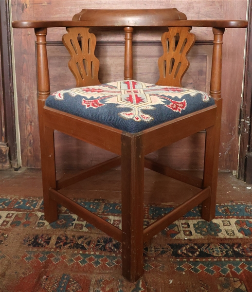 Chinese Chippendale Style Walnut Corner Chair - Nice Needle Point Seat - Pegged Construction - Measures 30" tall 28" Across